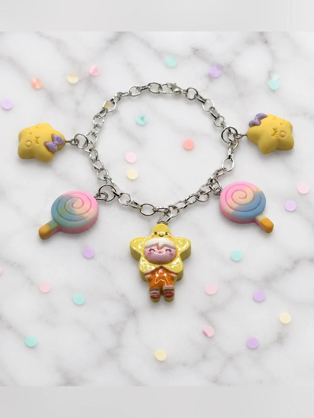 Yellow Star Charm Bracelet for Kids with Pastel Lollipop Accents
